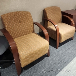 Pair of Light Brown Patterned Sofa Armchairs w/ Wood Frames